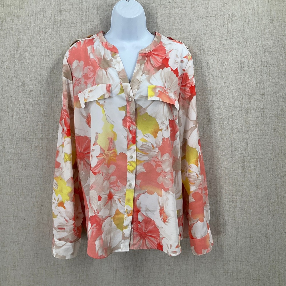 Calvin Klein Blouse Womens XL Coral Floral Button Front Classic Top Airy Office